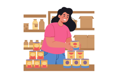 Woman organizing canned food on shelves in pantry storage ro Product Image 1