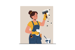 Woman repairing wall with putty knife and paint bucket in ca Product Image 1