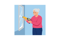 Older woman applying sealant to window frame in home renovat Product Image 1
