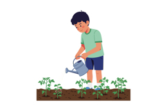 Boy Watering Garden Plants with Watering Can Growing Vegetab Product Image 1