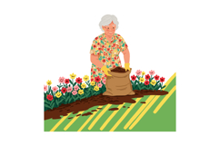 Elderly woman gardening with soil bag and colorful flowers i Product Image 1