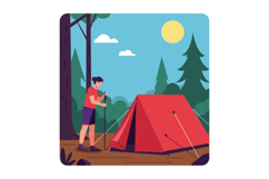 Man camping in forest setting with red tent and hiking poles Product Image 1