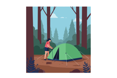 Woman Setting Up Green Tent in Forest Camping Scene Outdoors Product Image 1