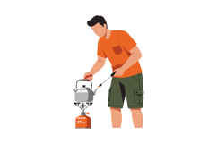 Man in orange shirt cooking with portable camping stove outd Product Image 1