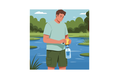 Young man collecting water sample in outdoor pond natural en Product Image 1