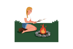 Girl roasting marshmallows on campfire with green grass and Product Image 1