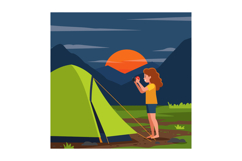 Girl camping with tent in mountains during sunset outdoor le Product Image 1