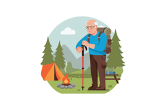 Elderly man hiking with backpack and trekking pole near camp Product Image 1