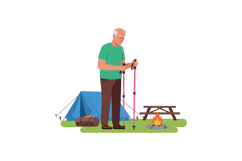 Elderly Man Hiking Camping with Tent Campfire and Picnic Tab Product Image 1
