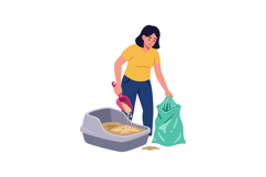 Woman cleaning cat litter box with scoop and green bag in ho Product Image 1