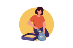 Woman filling cat litter box with scoop and bag in simple ve Product Image 1