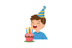 Boy celebrating birthday with party hat and cupcake with can Product Image 1