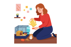 Woman watering hamster habitat with cage and scattered food Product Image 1