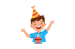 Happy boy celebrating sixth birthday with cupcake and party Product Image 1