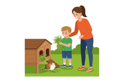 Mother and Son Feeding Guinea Pig in Garden with Wooden Hutc Product Image 1