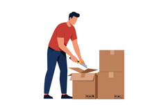 Man Opening Cardboard Boxes Using Cutter Knife in Moving or Product Image 1