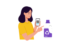 Woman holding smartphone with QR code pointing at purple rec Product Image 1