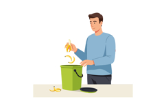 Man throwing banana peels into green compost bin for organic Product Image 1