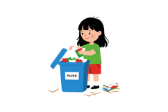 Girl recycling paper in blue bin promoting eco friendly wast Product Image 1