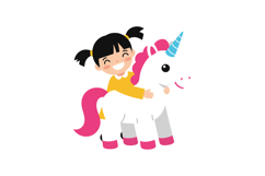 Girl hugging white unicorn toy with pink mane and blue horn Product Image 1