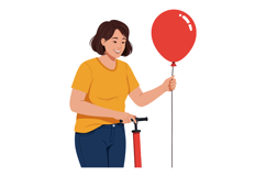 Woman inflating red balloon with hand pump in casual outfit Product Image 1