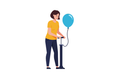 Woman inflating blue balloon with hand pump in casual outfit Product Image 1