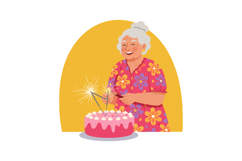 Elderly Woman Lighting Birthday Cake Sparklers Celebration w Product Image 1