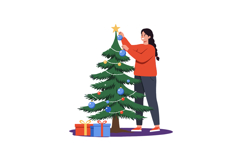 Woman decorating Christmas tree with ornaments and gifts in Product Image 1