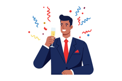 Man in navy suit with red tie celebrating with champagne gla Product Image 1