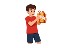 Boy holding wrapped gift box with red ribbon and yellow patt Product Image 1