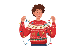 Person wearing red Christmas sweater with reindeer and tree Product Image 1