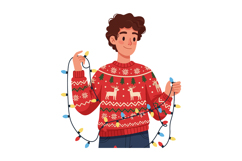 Young man holding colorful Christmas lights in festive red s Product Image 1