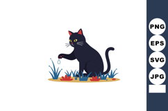 Black cat playing with water droplet in garden surrounded by Product Image 1