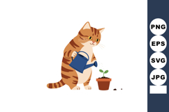 Cat Watering Small Plant in Pot Cute Gardening Activity for Product Image 1