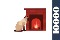Siamese cat sitting by warm red brick fireplace with glowing Product Image 1