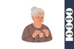 Elderly woman knitting heart-shaped decoration with patience Product Image 1