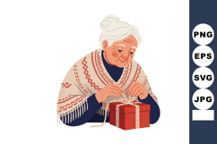 Elderly woman tying ribbon on red gift box wearing patterned Product Image 1