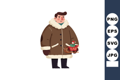 Man wearing brown winter coat holding red sleigh with gifts Product Image 1