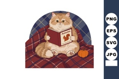 Fluffy cat reading autumn book on red plaid blanket with pum Product Image 1