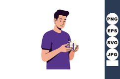 Young man holding small gift box with ribbon in purple shirt Product Image 1