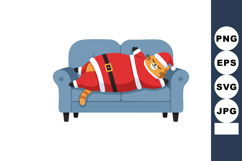 Cat dressed as Santa Claus sleeping comfortably on blue sofa Product Image 1