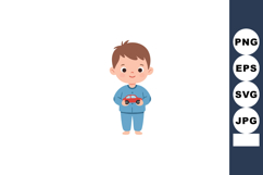 Boy holding red toy car smiling in blue pajamas standing bar Product Image 1