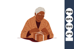 Elderly woman wrapping gift box with ribbon in cozy sweater Product Image 1