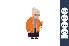 Elderly woman holding heart ornament wearing orange cardigan Product Image 1
