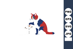 Cat playing with snowman winter scene in red blue and white Product Image 1