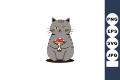 Gray cat holding red mushroom vector illustration with yello Product Image 1