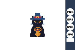 Black cat with yellow eyes wearing witch hat holding basket Product Image 1