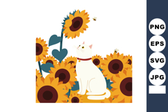 White cat sitting among vibrant orange sunflowers with bees Product Image 1
