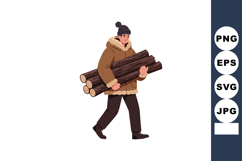 Man carrying firewood in winter clothes walking outdoors wit Product Image 1