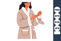 Woman in bathrobe holding Christmas stocking with moon and s Product Image 1